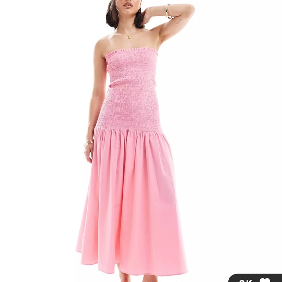 ASOS Design Drop Waist Shirred Dress in Pink - Picture 1 of 3